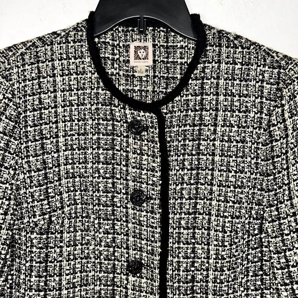 Anne Klein Blazer Women's 8 Black White Tweed Fringe Trim Career Office Wear